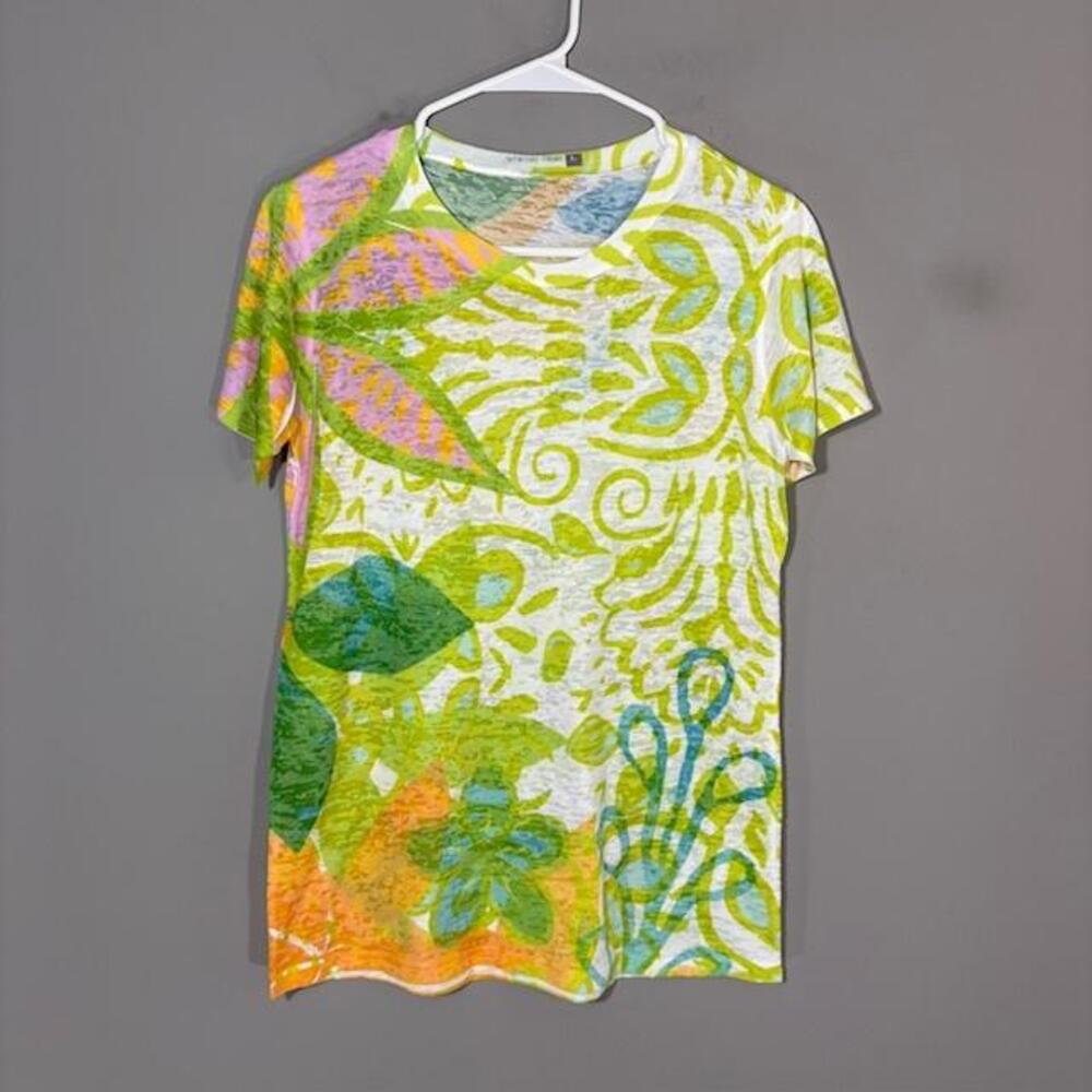 Whimsy Rose T-Shirt Womens Large Multicolor Floral Sheer Crew Short Sleeve Top
